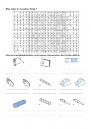 English Worksheet: What colour are my school things?