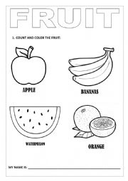 English Worksheet: Count and color the fruit