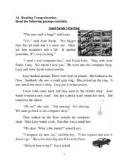 Reading Comprehension: Aunt Sarahs Earrings, Grammar Exercises: Opposites, Present Tense, Picture Writing and Writing Task