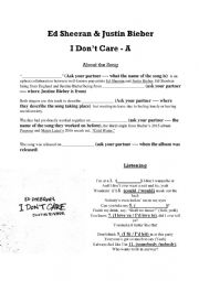 English Worksheet: Ed Sheeran & Justin Bieber - I DONT CARE