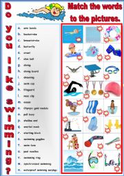 English Worksheet: Do you like swimming - Pictionary and Vocabulary. + Key