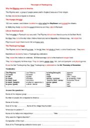 English Worksheet: origins of Thanksgiving