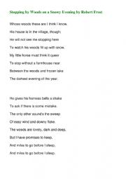 English Worksheet: STOPPING  BY WOODS   POEM