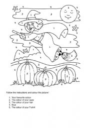 English Worksheet: Halloween Number Colouring Picture