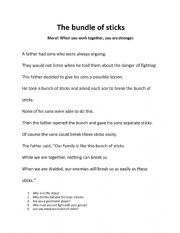 English Worksheet: The bundle of sticks. Fable