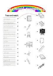 English Worksheet: School supplies trace and match