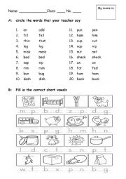 English Worksheet: short vowel test for grade one