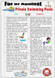English Worksheet: For or Against Owning a Private Swimming Pool. Debating + Writing