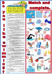 English Worksheet: Do you like swimming 2 - Vocabulary in sentences + Key