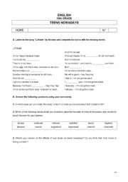 English Worksheet: Teenagers