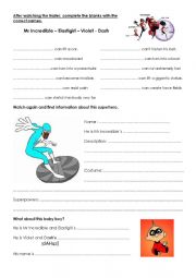 English Worksheet: The Incredibles ( the trailer)
