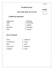 English Worksheet: How much water do we use. Vocab quiz
