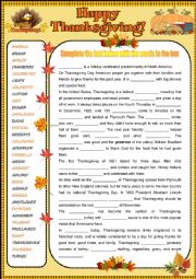 Happy Thanksgiving - Reading comprehension + KEY 