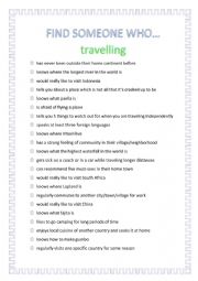 English Worksheet: FIND SOMEONE WHO... TRAVELLING