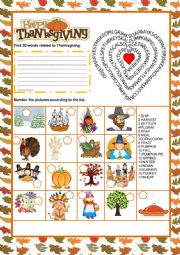 English Worksheet: Thanksgiving  - Wordsearch