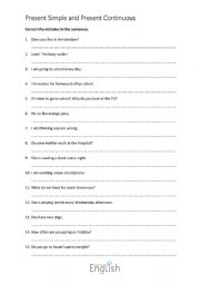 English Worksheet: present-simple-continuous-error-correction-