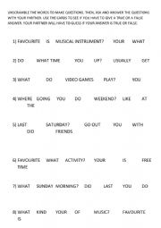 English Worksheet: Unscramble words to make questions