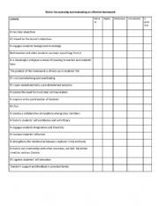 English Worksheet: Rubric for assessing and evaluating an effective homework 