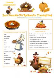Thanksgiving pie recipe listening comprehension with keys