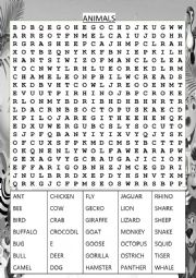 English Worksheet: An Advanced Animals Wordsearch