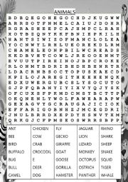 An Advanced Animals Wordsearch