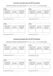 English worksheet: Anonymous Peer-evaluation Sheet for Class PPT Presentations