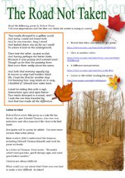 English Worksheet: THE ROAD NOT TAKEN by Robert Frost