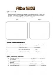 English Worksheet: for or since