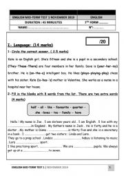 English Worksheet: 7th form Test N1