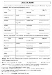 English Worksheet: gifts of youth