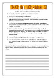 English Worksheet: Means of Transportation speaking and writing