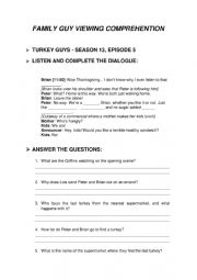 English Worksheet: Family Guy - Turkey Guys S13E05 (Thanksgiving themed episode)  