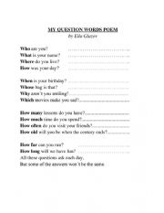English Worksheet: My Question Words Poem