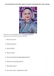 English Worksheet: Katy Perry Biography Reading Comprehension