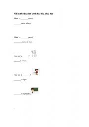 English Worksheet: he, she, his ,her 