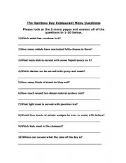  Part 1 Restaurant Questions And Answer Key To Be Used Wth The Menu Document In Part 2
