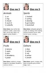 English Worksheet: Give me 5 - Warm up game 