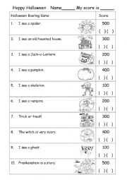 English Worksheet: Halloween Bowling Game 