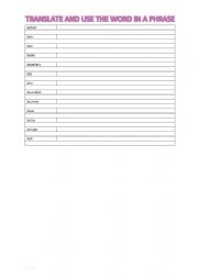 English Worksheet: A2 Vocabulary chart (J)
