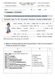 English Worksheet: mid term test 1 for 7th form