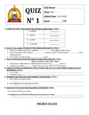 English Worksheet: Quiz N 1 common Core Textbook Solution pre-intermediate