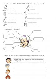 English Worksheet: CLASSROOM OBJECTS, PARTS OF THE FACE, DESCRIPTION