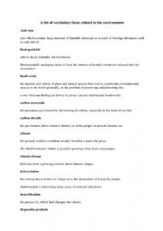 English Worksheet: A list of vocabulary items related to the environment