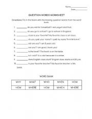 Question Word Worksheet