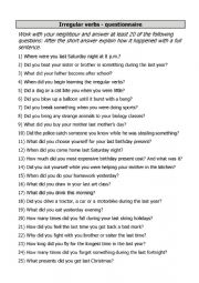 English Worksheet: questionnaire past simple irregular verbs
