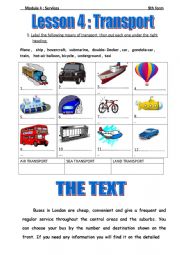 English Worksheet: Module 4: SERVICES  Lesson 4/ TRANSPORT  9th Form 