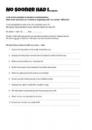 English Worksheet: No sooner had I