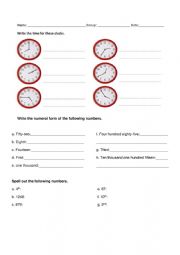 English Worksheet: Numbers and Time