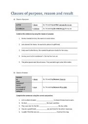 English Worksheet: Clauses on purpose, reason and result