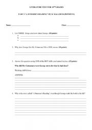 English Worksheet: Literature test - Summers Reading 